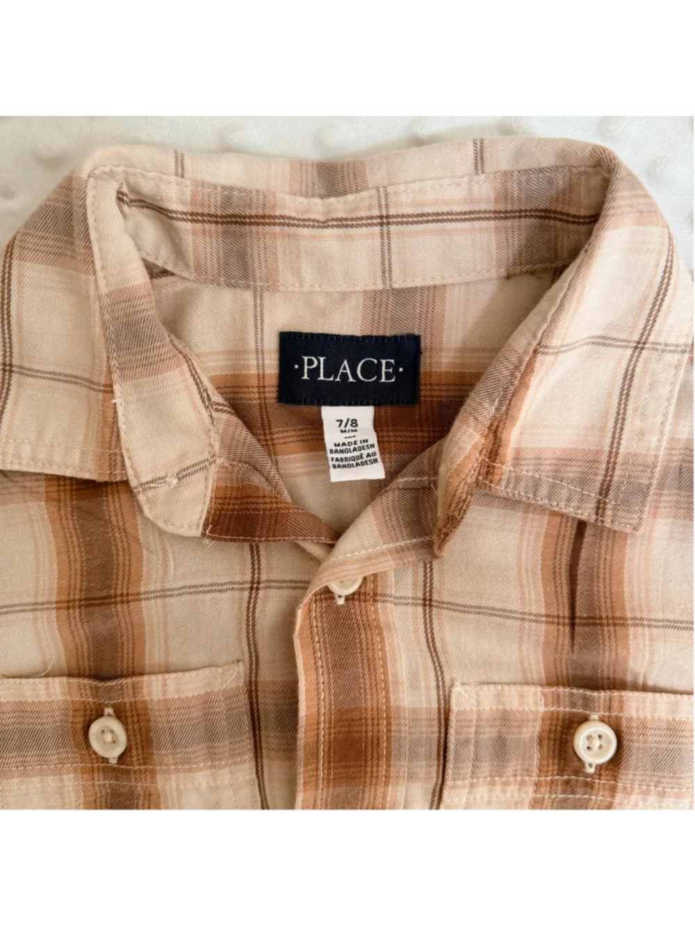 Boys The Children's Place Plaid Button Down Shirt Size 7/8 Beige Brown